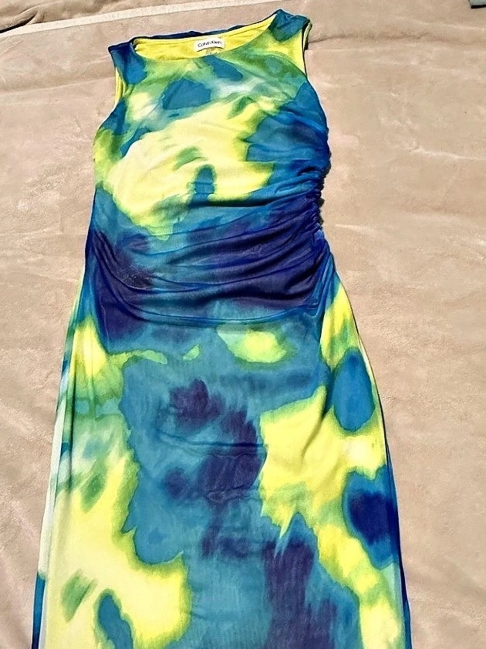 Calvin Klein Abstract Ruched Maxi Dress in Blue & Green Size 4 Like New
